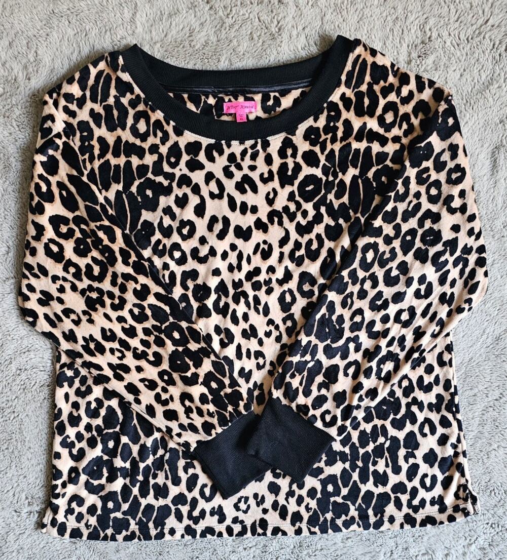 Betsey Johnson Leopard Print Long Sleeve Knit Top Retro, Y2K, Black Tan Sz XL